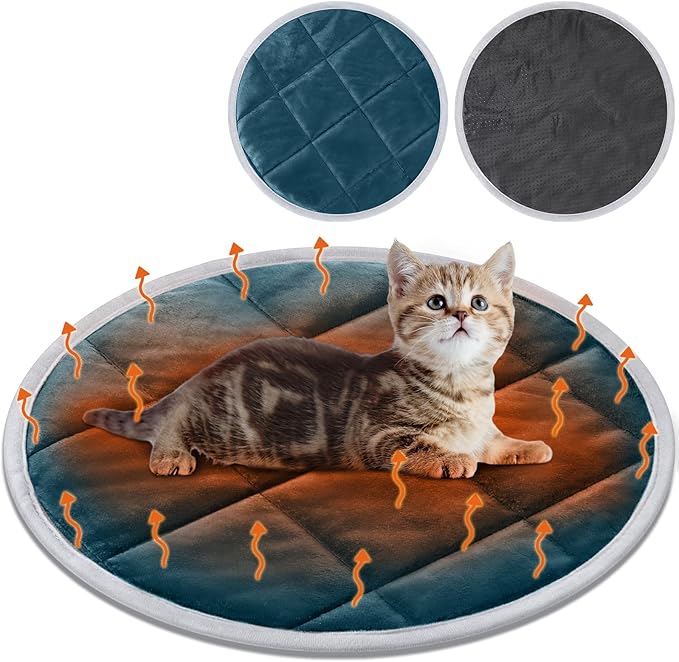 Drydiet 2 Pcs Self Warming Cat Mat Round Self Heating Pad Bed Reversible Machine Washable Heated Bed Anti Slip Warming Pad Pet Mat for Cat Crate Indoor Outdoor(Blue,16 Inch)