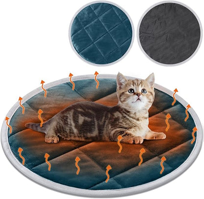 Drydiet 2 Pcs Self Warming Cat Mat Round Self Heating Pad Bed Reversible Machine Washable Heated Bed Anti Slip Warming Pad Pet Mat for Cat Crate Indoor Outdoor(Blue,16 Inch)