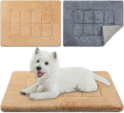 Dunzy 2 Pack Dog Bed Mat 24x18 Memory Foam Pet Crate Pad Orthopedic Dog Bed for Small Medium Breed Soft Comfy Faux Fur Linen Reversible Machine Washable Kennel Cozy Sleeping Mat Light Gray Camel