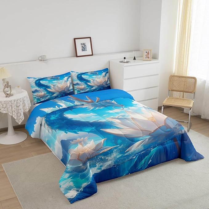 Erosebridal Dragon Bedding Set Twin Blue Comforter Set, White Lotus Floral Duvet Insert Sea Ocean Quilt Comforter, Flower Blossoms Bedding Comforters & Sets 3D Cartoon Room Decoration Microfiber 2pcs