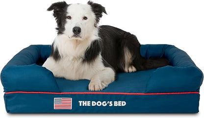 The Dog’s Bed Orthopedic Memory Foam Dog Bed with Bolsters for Large Dogs, High Density Support Mattress, Low Front Entry, Removable Washable Cover, Oxford Fabric, Blue with Dark Red Trim, Large