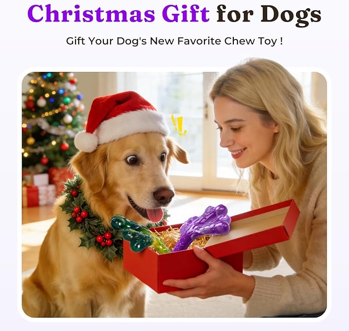 Frienhund Indestructible Tough Dog Toys for Aggressive Chewers - 2 Pack Beef and Bacon Flavored Chew Bone for Large Dogs 20-90 lbs, Long Lasting & Keep Them Busy (XL Cactus) Dark Purple & Dark Green