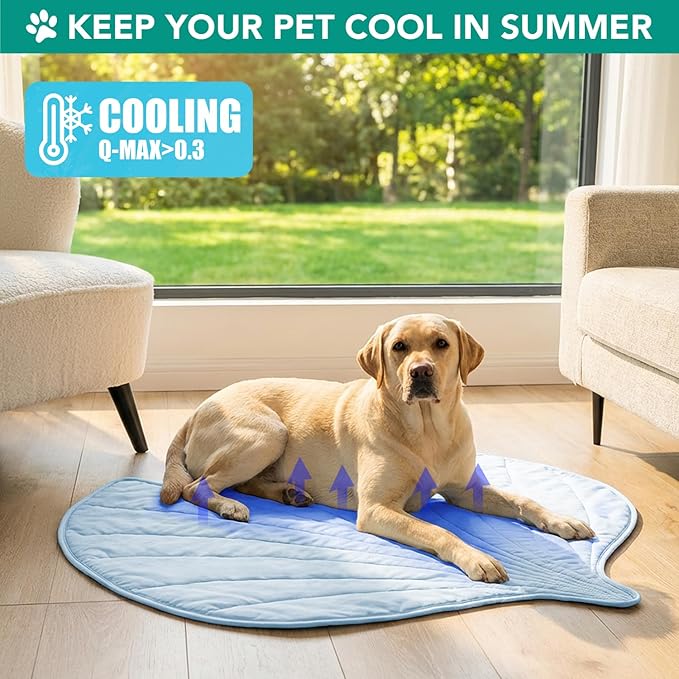 PetAmi Dog Cooling Mat, Ginkgo Leaf Shape, Reversible Cooling Nylon Blanket Soft Fleece Pet Pad for Dogs Cats, Summer All Season Use Q-Max>0.3, Small 35x40 in, Light Blue