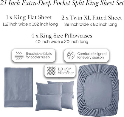 Southshore Fine Living, Inc. Deep Pocket Split King Bed Sheet Set, 7-Piece Ultra Soft Microfiber Sheets with Two 21" Deep Fitted King Sheets, Oversize Flat Sheet, 4 King Pillowcases, Slate Blue