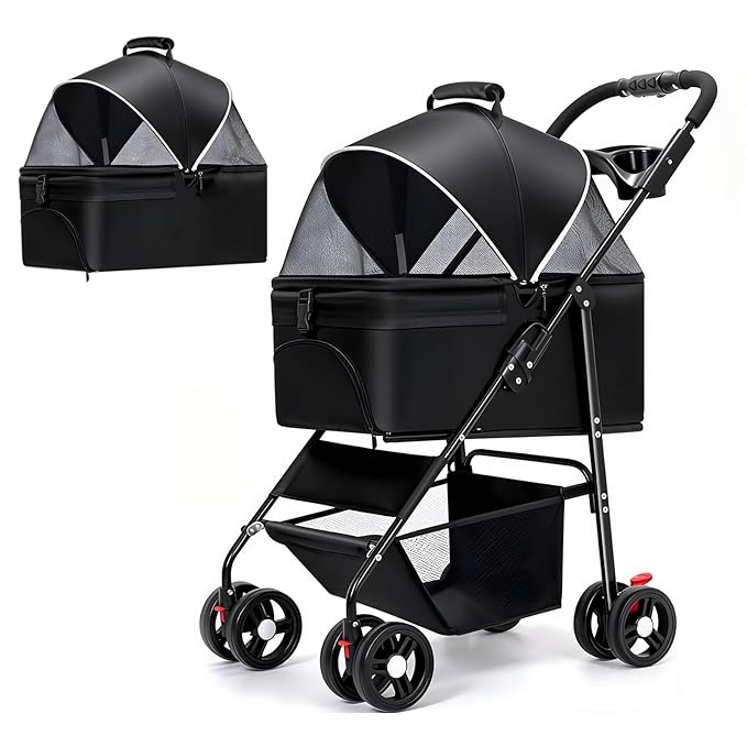 3-in-1 Pet Stroller for Small/Medium Dogs Cats,4 Wheels,Detachable Carrier Basket,Breathable Mesh,Storage Basket,Cup Holder,Weather Cover,Black