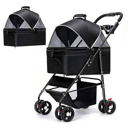 3-in-1 Pet Stroller for Small/Medium Dogs Cats,4 Wheels,Detachable Carrier Basket,Breathable Mesh,Storage Basket,Cup Holder,Weather Cover,Black