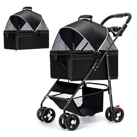 3-in-1 Pet Stroller for Small/Medium Dogs Cats,4 Wheels,Detachable Carrier Basket,Breathable Mesh,Storage Basket,Cup Holder,Weather Cover,Black