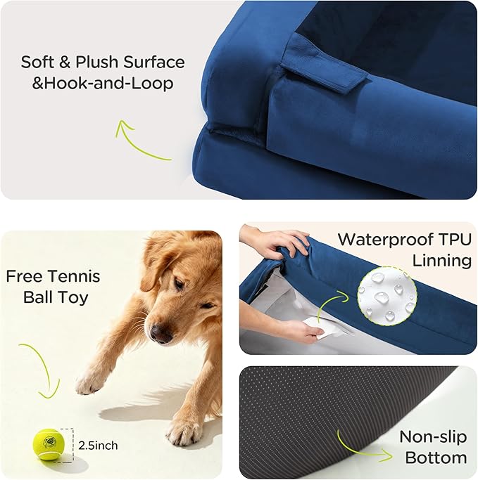 Extra Large Dog Bed, Orthopedic XL Washable Bed for Big Dog Waterproof Pet Couch Sofa Bolster with Removable Cover, Non-Slip Bottom, Tennis Ball Toy, 42 x 30