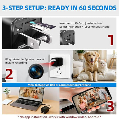 1080P HD Charger Camera with Motion Detection, 106° Wide Angle, No WiFi/Monthly Fee, Mini Hidden Camera for Home Security/Nanny/Pet Monitoring