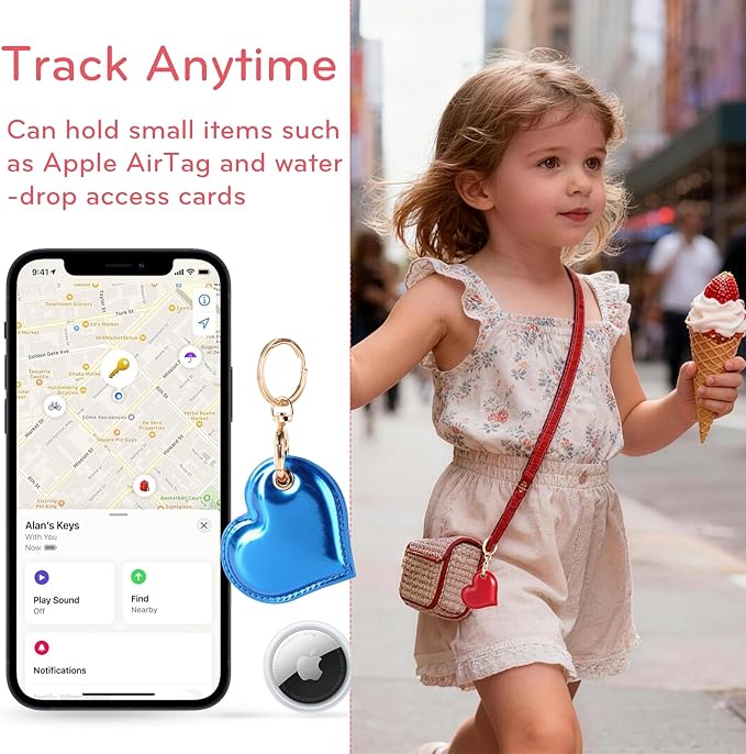 Leather Charm Keychain Holder Case Compatible with AirTag,Cute Protective Heart-Shaped Cover with Luxe Ring Clip,Finder GPS Tracker Case for Wallet Keys,Bag,Pets(Edge-Sealing,Blue)