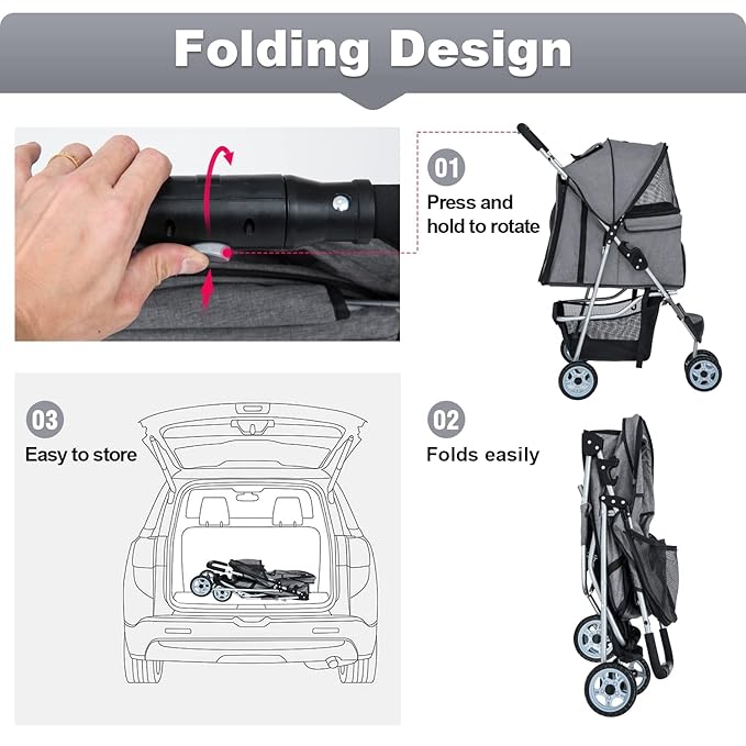 BestPet Pet Stroller Dog Cat Jogger Stroller for Medium Small Dogs Cats Folding Lightweight Travel Stroller with Cup Holder (Grey, 3 Wheels)