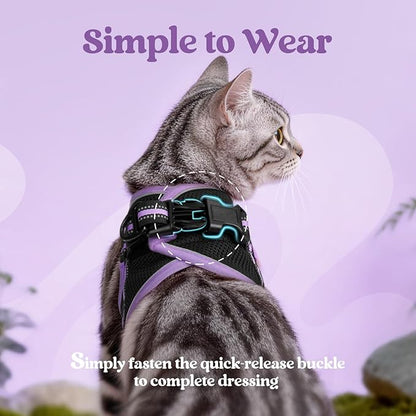 rabbitgoo Cat Harness and Leash Set for Walking Escape Proof, Adjustable Soft Kittens Vest with Reflective Strip for Cats, Comfortable Outdoor Vest, Black & Light Purple, S