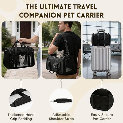 Cat Carrier Soft, Dog Carriers for Small Dogs/Large Cats (Up to 16lbs), with High Breathability, Shoulder Strap, Removable Pad, Pet Carrier Airline Approved, for Home Outdoor Travel (Black)
