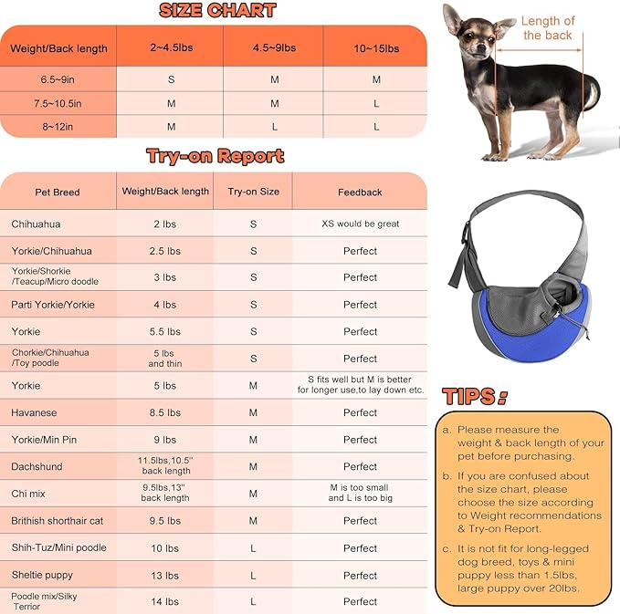 YUDODO Pet Sling Carrier for 5-9 lbs Small Dogs & Cats – Hands-Free Puppy Carrier with Safety Hook, Large Zipper Pocket, Soft Breathable Mesh, Adjustable Strap & Reflective Strip (Blue 1.0 M)