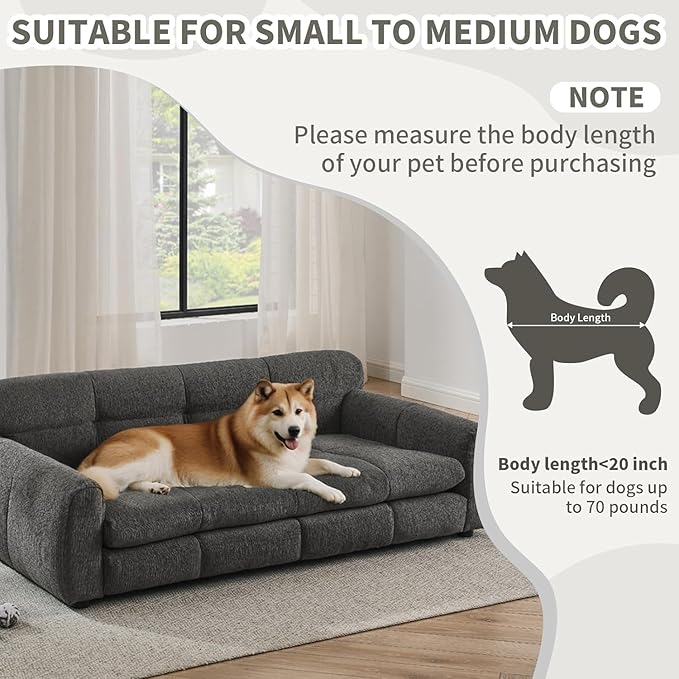 Dog Couch Bed with Backrest and Armrest, Durable Pet Sofa with Soft Foam Cushion, Elevated Dog Couch Bed with Legs for Medium and Large Dogs, Stone Grey