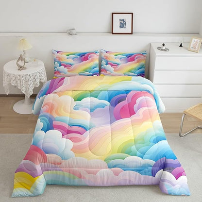 Erosebridal Girls Rainbow Bedding Set King Colorful Cloud Comforter Set Cartoon Geometric Stripe Down Comforter for Toddler Dreaming Pink Pastel Duvet Set Blue Purple Teen Cozy Décor 3 Piece