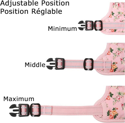 HEELE Dog Harness, No Pull Adjustable Padded Reflective Harness for Small Medium Large Dogs with Handle for Walking Training, Flower-Pink, L