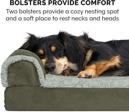 Furhaven Memory Foam Dog Bed for Medium/Small Dogs w/ Removable Bolsters & Washable Cover, For Dogs Up to 35 lbs - Two-Tone Plush Faux Fur & Suede L Shaped Chaise - Dark Sage, Medium