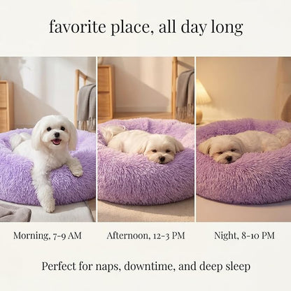 Calming Donut Dogs Beds for Small Dogs Washable,23inch Plush Round Pet Bed for Cozy Sleep,Fluffy Faux Fur Large Cat Bed,Fits up to 25 lbs Pets,Purple