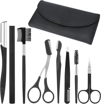 Professional Eyebrow Shaping Grooming Kit,8PCS/SET Eyebrow Grooming Kit with Leather Bag Eyebrow Trimming Kit With Razor Eyebrow Scissors Eyebrow Brush for Women & Men(Black)
