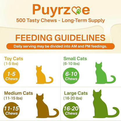 Puyrzoe Cat Skin and Coat Health - 500 Chews Crunchy & Creamy Cheese Core with Omega 3/6/9, Vitamins C & E, Biotin for Skin Hydration & Coat Shine Supplement for Cats Kittens - Chicken & Shrimp Flavor