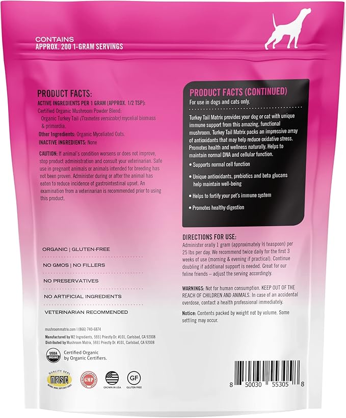 Om Mushroom Matrix Turkey Tail Mushroom Pet Supplement Powder, Provides Immunity Support & Holistic Defense for Dogs & Cats, 200 Grams, 7.1 oz