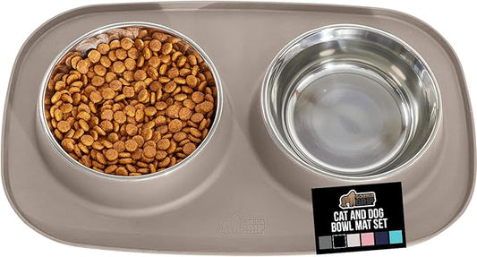 GORILLA GRIP Feeding Mat Bowl Set, 4 Cup 100% Waterproof BPA Free Silicone Base, 304 Stainless Steel Cat and Dog Bowls for Food and Water, Slip Resistant, High Edge, US Designed, Patent Pending, Beige