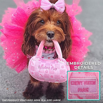 Haute Diggity Dog Chewy Vuiton Handbag Plush Squeaky Dog Toy, Soft Durable Designer-Inspired Stuffed Puppy Chew Toys for Small & Medium Dogs, Machine-Washable (Pink Checker) Small