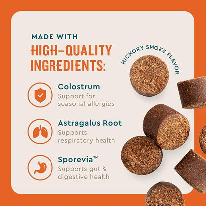 VetIQ Allergy Pro+ Soft Chews for Dogs, 60 Count, Seasonal Allergy Support, Colostrum, Astragalus Root, Sporevia, Hickory Smoke Flavor (Pack of 2)