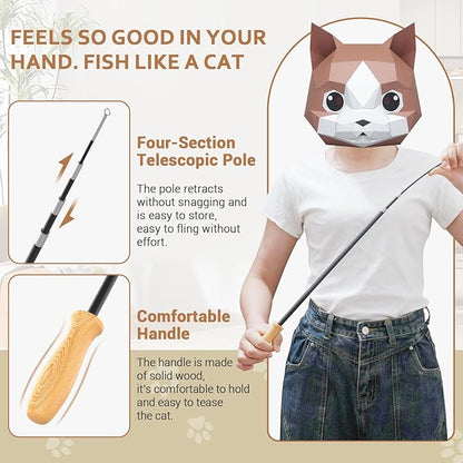 ROSAUI Cat Teaser Wand Toys, Interactive Bird Toy for Indoor Kittens, 53.15’’ Long Cat Fishing Pole Toys, 2X Wires and 5X Natural Refills, Sustainable Wooden Handles, Exercising, Playing