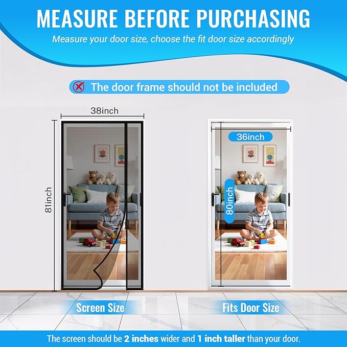 Magnetic Closure Screen Door, Reversible Mesh Door Screen Fits 36" x 82" Door, Heavy-Duty Magnetic Mesh Curtain for Sliding Door and French Door, Self-Sealing, Portable Patio Screen (38" x 83")