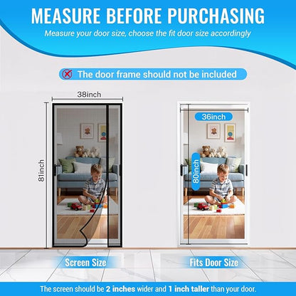 Magnetic Closure Screen Door, Reversible Mesh Door Screen Fits 36" x 82" Door, Heavy-Duty Magnetic Mesh Curtain for Sliding Door and French Door, Self-Sealing, Portable Patio Screen (38" x 83")