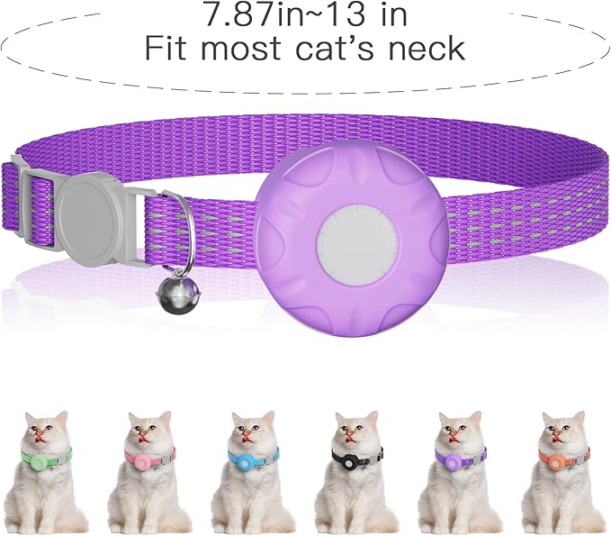 Cat Tracker,No Monthly Fee GPS Trackers for Cats Work with Apple Find My App(iOS Only),Real-Time Location Tracking,Cat Tracker GPS Collar with Safety Elastic Buckle-Purple