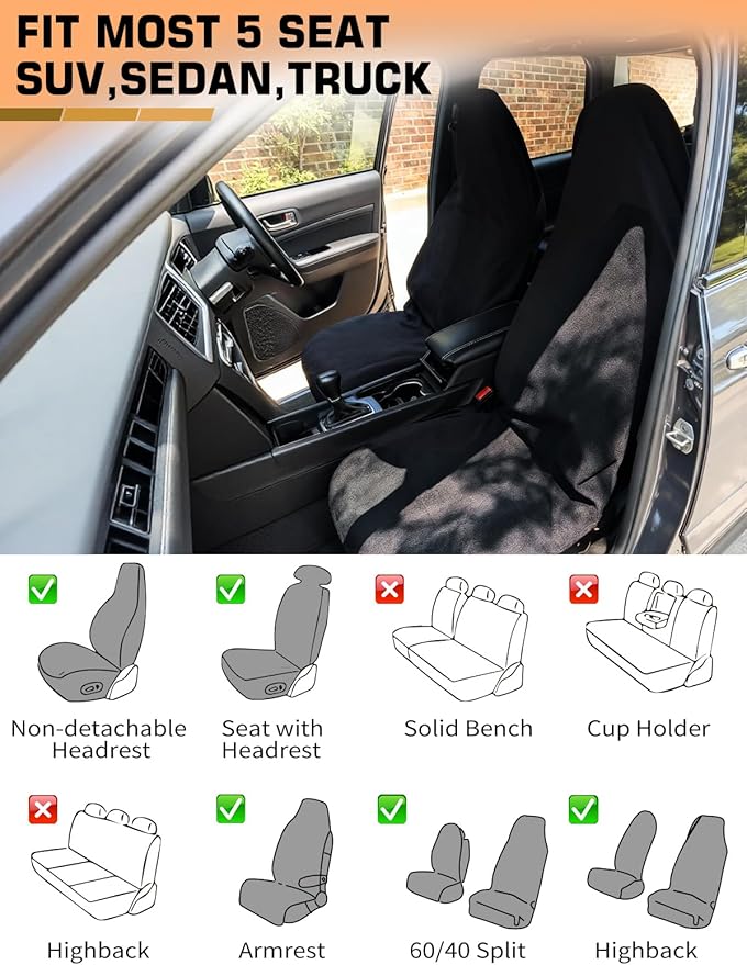 Eco-Friendly Towel Car Seat Cover for Sweat Protection, GRS Certified Recycled Microfiber Absorbent Front Seat Protector, Non-Slip Washable Universal Fit for Sedans SUV Minivans(2 Pack,Black)