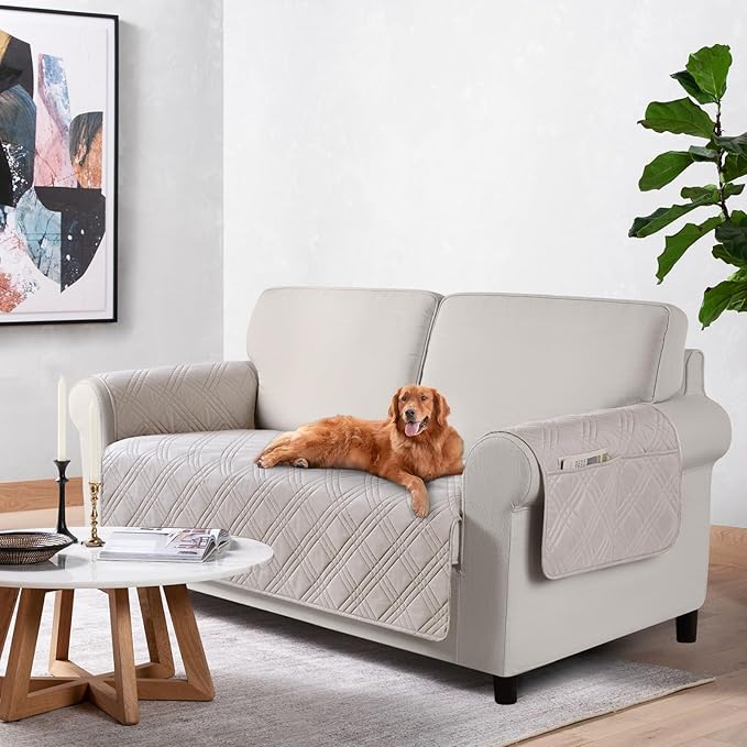 TAOCOCO Waterproof Loveseat Covers for Pets Dogs with Non Slip Backing, Sofa Seat Covers with Pocket for 2 Cushion Couch Washable Dog Couch Cover Protector Sofa Slipcovers(Loveseat Plus, Cream)