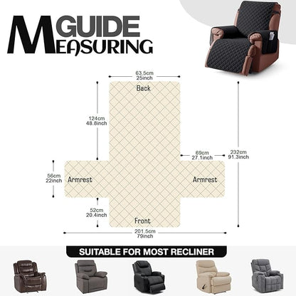 KinCam 100% Waterproof Recliner Chair Cover, Reclining Couch Covers for Pets, Dogs, Recliner Couch Slipcover Furniture Protector with Elastic Straps for Kids(25", Black)
