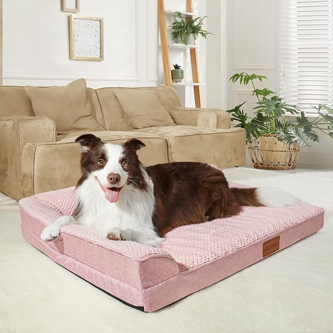 Orthopedic XL Dog Bed Large Sized Dog 48''X30'', Waterproof L Bolster Extra Large Egg Crate Foam Pet Crate Beds with Washable Removable Cover, Non-Slip Soft Pet Couch Mat, Pink