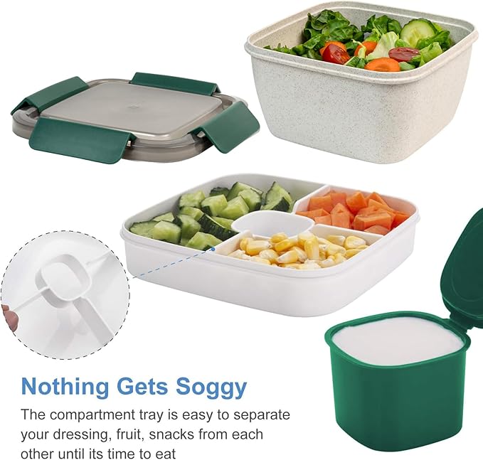 Freshmage Salad Lunch Container To Go, 52-oz Salad Bowls with 3 Compartments, Salad Dressings Container for Salad Toppings, Snacks, Men, Women (Straw White)