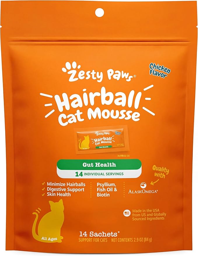 Zesty Paws Hairball Cat Mousse - Hairball Treats for Cats Digestive Support - Lickable Cat Vitamin Treats for Skin & Gut Health - Squeezeable Puree Tube for Furball Relief - Chicken 14ct