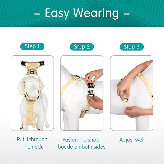 PoyPet Reflective Soft Breathable Mesh Dog Harness Choke-Free Double Padded Vest with Adjustable Neck and Chest(Khaki,L)