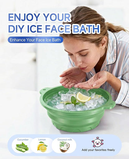Face Bowl for Ice with Built-in Ice Tray – Collapsible Silicone Facial Ice Bath Bowl for Cold Plunge Therapy, Skin Tightening & Acne Relief – Portable Spa Tool for Home & Travel（Green