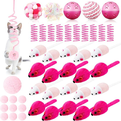 Gemscream 46 Pcs Cat Toys Set Interactive Cute Cat Toys Include Fur Mice Rattle Springs Crinkle Balls Pompom Bell Sisal Ball Puzzle Chase Toys for Kitten Indoor Stuff Gift(Pink)