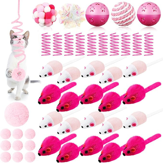 Gemscream 46 Pcs Cat Toys Set Interactive Cute Cat Toys Include Fur Mice Rattle Springs Crinkle Balls Pompom Bell Sisal Ball Puzzle Chase Toys for Kitten Indoor Stuff Gift(Pink)