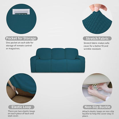 Easy-Going 100% Dual Waterproof Recliner Sofa Cover, 8-Pieces Stretch Relining Couch Cover with Pocket, Jacquard 3 Seat Sofa Slipcover Leakproof Washable (Sofa, Peacock Blue)