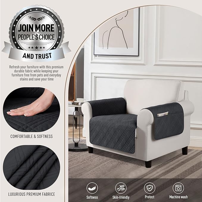 TAOCOCO Waterproof Chair Covers for Pets Dogs with Non Slip Backing, Chair Seat Covers with Side Pocket for 1 Seater Couch Washable Dog Couch Cover Protector Sofa Slipcovers(Chair, Black)