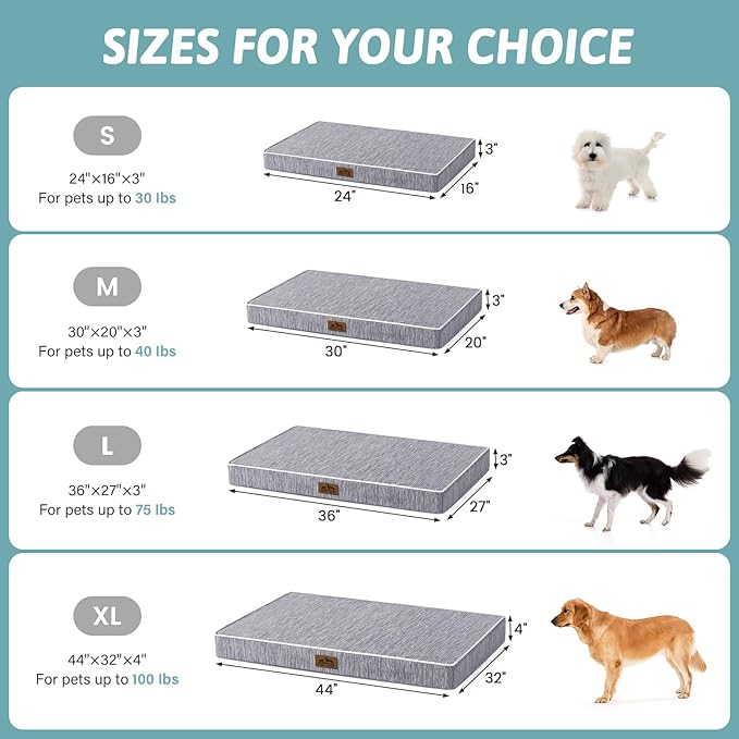COZY KISS Cooling Dog Bed for Crate, Waterproof Dog Crate Mat with Removable Washable Cover, Orthopedic Egg Crate Foam Support, Dog Crate Bed 29x18x3 Inch,Dark Grey