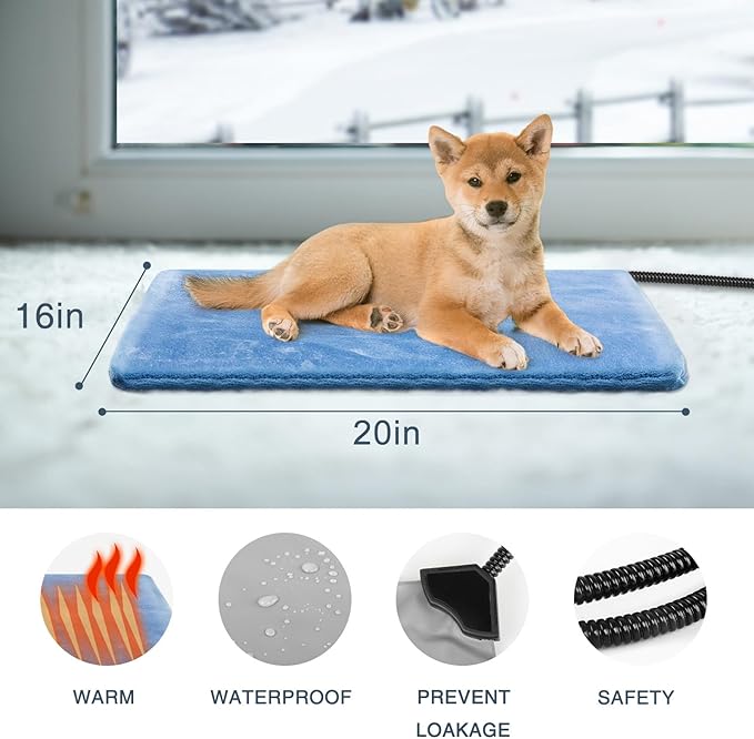 Heating Pad for Cats and Dogs Outdoor,Indoor Warming Cat Heating Pad, Waterproof，Chew Resistant Cord (Blue, 20 X 16)