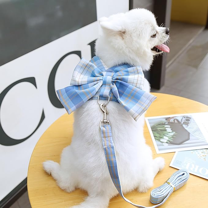 Cute Dog Harness and Leash Set with Bow Tie Soft Mesh Plaid Girl Puppy Harness No Pull Pet Cat Dog Vest Harness for Small Dogs Chihuahua Rabbit Outfit (Blue,M)