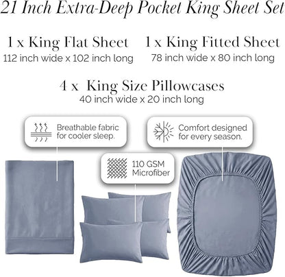 Southshore Fine Living, Inc. 6 Piece, 21-Inch Extra Deep Pocket King Sheet Set, Pet Hair Resistant Sheets King Size for Thick Mattress, Oversized Flat Sheet, 4 Blue Pillow Cases - Slate Blue