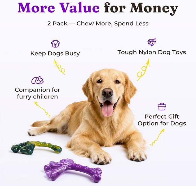 Frienhund Indestructible Tough Dog Toys for Aggressive Chewers - 2 Pack Beef and Bacon Flavored Chew Bone for Large Dogs 20-90 lbs, Long Lasting & Keep Them Busy (XL Cactus) Dark Purple & Dark Green